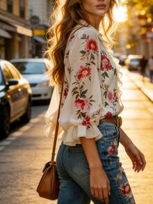 EMERY ROSE Women's Elegant Commuter Floral Print Ruffle Hem Blouse - Multicolor - View 4