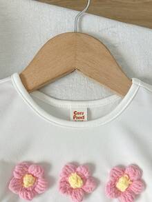 Cozy Pixies 女嬰女童可愛3D花卉針織T恤套頭短袖 + 針織喇叭長褲休閒兩件套,適合日常穿著、派對、外出及家庭穿搭 - 粉色 - 查看 5