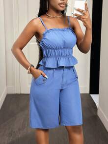 Slaydiva Women's Summer Casual Spaghetti Strap Shorts Denim Set - Blue - View 1