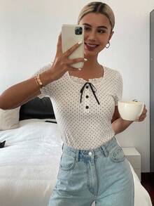 FRIFUL Women's Summer Spring Polka Dot Tie-Up Bow Knot Slim Fit Versatile T-Shirt - White - View 8