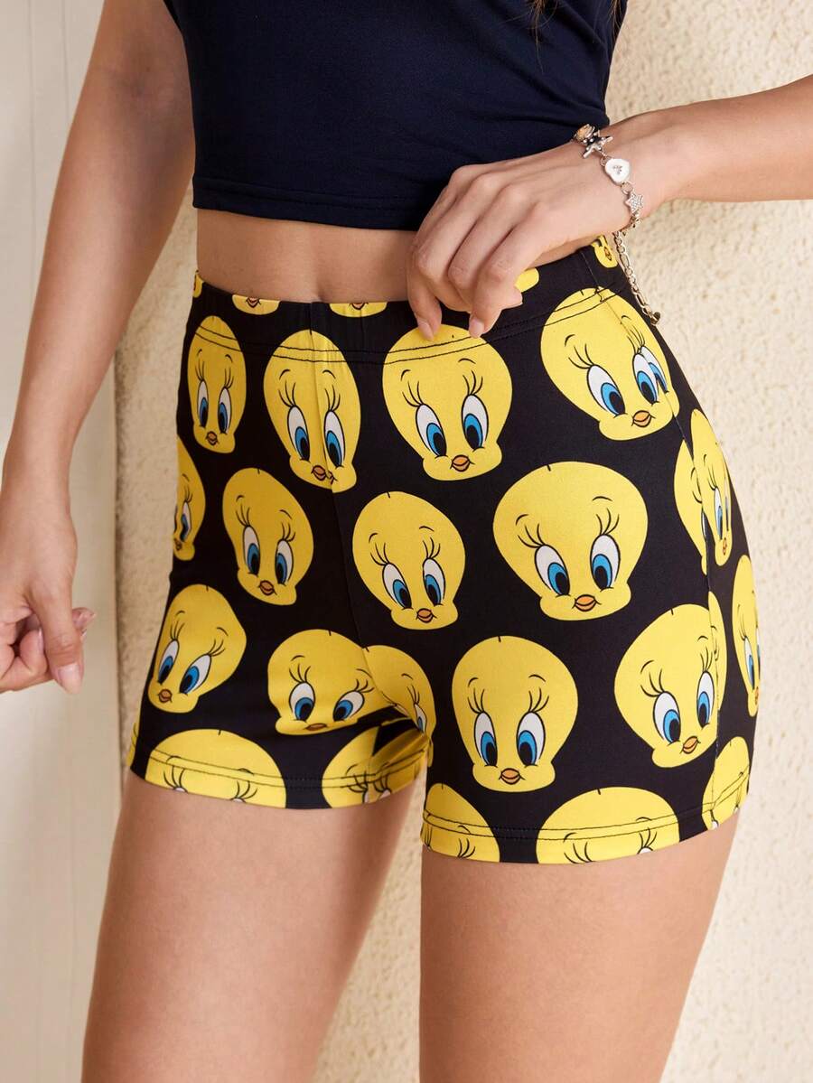 LOONEY TUNES X SHEIN Women's Cartoon Print Casual Daily Wear Base Shorts - Black - View 1