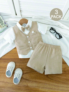 SHEIN 3 pièces Ensemble de gilet, short et nœud papillon pour bébé, tenue pour la première fête des mères, gilet mode col V, ensemble robe d'été, Top de gilet col V avec décoration de fausse poche, nœud papillon pliable, pantalon à taille élastique, convient pour anniversaire, fête, mariage, rentrée des classes - Nude - Voir 1