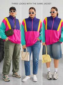 SHEIN CURVE+ 大尺碼休閒簡約薄款夾克，時尚多色拼接秋季夾克，2026年秋冬 22W 桃紅色 - 彩色 - 查看 2
