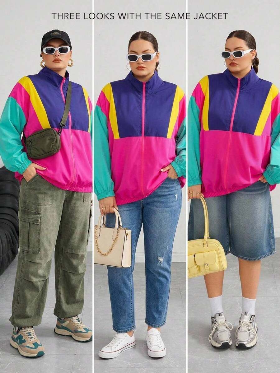 SHEIN CURVE+ 大尺碼休閒簡約薄款夾克，時尚多色拼接秋季夾克，2026年秋冬 22W 桃紅色
