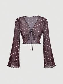 SHEIN MOD 女款波點印花喇叭袖短版上衣 - 黑色 - 查看 5