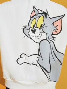 TOM & JERRY X SHEIN هوديي مطبوع بطبعة كرتونية قطعة واحدة، ملابس علوية بأكمام طويلة يناسب الجنسين - أبيض - مشاهدة 8