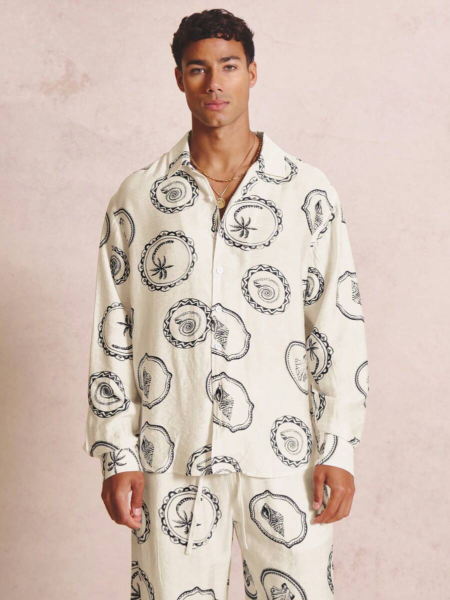 Musero Oversized Long Sleeve Drop Shoulder Collared Motif Shirt Spring Summer Essentials Co-Ord Shirt Only - Black - View 1