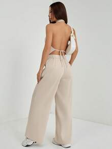 SHEIN PETITE 春夏辦公室女裝 V 領無袖露背上衣搭配寬腿褲，顯瘦拉長身型街頭穿搭，適合嬌小女性 - 杏色 - 查看 2