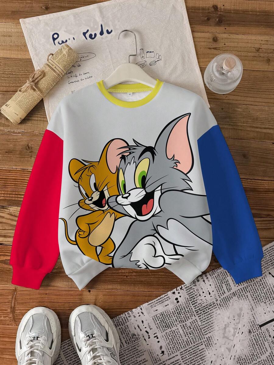TOM & JERRY X SHEIN 小男孩休閒拼色卡通印花運動衫 - 白色 - 查看 1