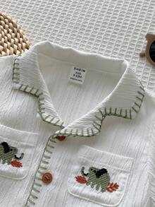 SHEIN 中性嬰兒男/女嬰 2件組 春夏休閒可愛大象刺繡度假風短袖上衣與短褲套裝，男嬰套裝，男嬰夏季衣著，柔軟，復古 - 薄荷綠 - 查看 6
