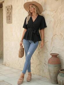 EMERY ROSE Solid Wrap Belted V-Neck Blouse Peplum Top - Black - View 2
