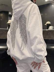 SHEIN EZwear 休閒極簡主義秋季新款天使之翼印花圖案連帽長袖寬鬆女款運動衫，適合日常通勤、聚會、秋冬/夏季、聖誕節、新年、感恩節、派對、婚禮、海灘、畢業典禮、優雅、外出、約會、通勤、情人節、優雅、度假 - 淺灰色 - 查看 4