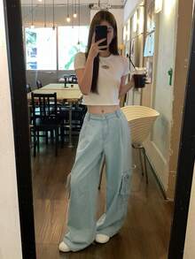 FRIFUL 女款條紋口袋寬腿寬鬆休閒牛仔褲 秋季 - 藍色 - 查看 6