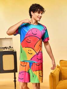 Notgurli Men's Multi-Color Smiling Face Print Milk Silk Crew Neck Short Sleeve 2-Piece Set, Casual Home Wear Outfit - Multicolor - View 4