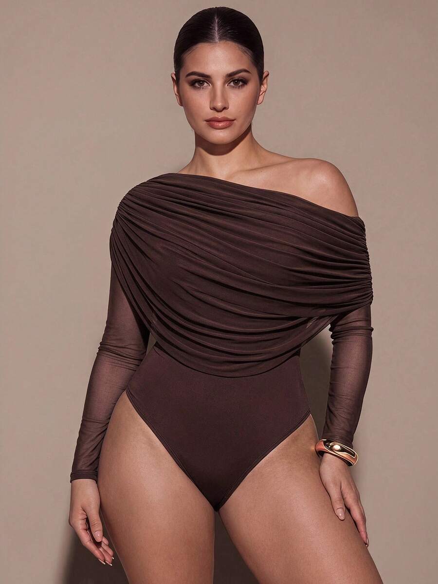 SHEIN BAE CURVE Plus Size Women's Brown Asymmetrical Shoulder Ruched Bodysuit, Long Sleeve Bodysuit, Asymmetrical Bodysuit - Coffee Brown - View 1