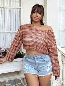 GalTyme 大尺碼女款條紋露肩長袖T恤 - 彩色 - 查看 5