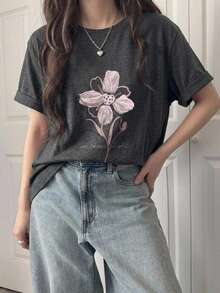DAZY 夏季新款海灘度假女款寬鬆休閒印花T恤 - 淺灰色 - 查看 2