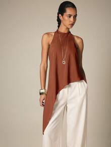 KSTM Top con cuello halter asimétrico drapeado con espalda abierta y bajo asimétrico para uso en verano y eventos nocturnos - Naranja Quemada - Ver 4