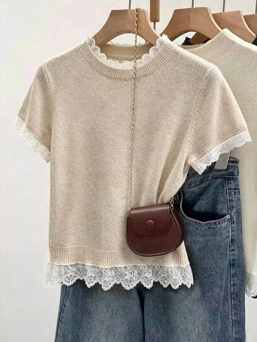 SHEIN Franclia 女款春夏套頭針織衫，杏色圓領毛衣配白色蕾絲飾邊，蕾絲飾邊短袖設計，休閒時尚韓/法風女式針織上衣