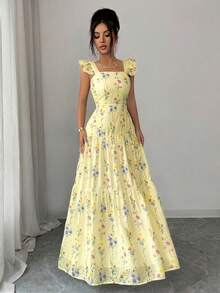 SHEIN Elenzya 女士碎花褶皱腰身连衣裙，适合通勤、外出、野餐、情人节约会、水疗度假村、海滩派对、旅行休闲等场合。 - 淡黃色 - 查看 7