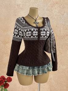 Elamini Women's Coffee Brown Fashion Casual Versatile Vintage Cable Classic Cable Knit Half-Open Button-Front Pullover Sweater, Autumn/Winter - Coffee Brown - View 5