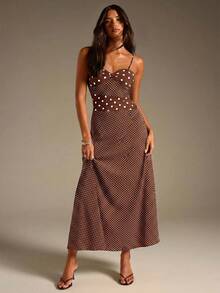 Athîral Women's Casual Polka Dot Brown And White Polka Dot Patchwork Asymmetric Spaghetti Strap Dress, Flowy Elegant Dress Brunch Vacation Summer - Brown - View 5