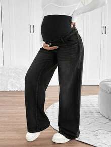SHEIN Maternity Knit Belly Support Loose Straight Leg Jeans - Black - View 3