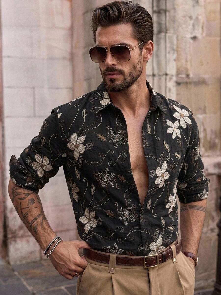 HIMLAND Men's Floral Embroidered Pattern Single-Breasted Casual Versatile Daily Wear Shirt - Black - View 1