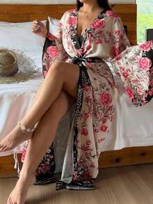 Dazy Plus Floral Print Loose Long Cardigan Robe With Tie Waist, Elegant Loungewear Outerwear Fall - Coral Pink - View 4