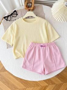 SHEIN Kids Tween Girl 2pcs/Set Tween Girls Loose Short T-Shirt + Camouflage Print Drawstring Waist Casual Shorts, Children's Shorts, Daily Casual Outfit Set - Multicolor - View 8