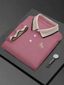 Calvornis 男士珠飾羅紋領刺繡短袖休閒 Polo 衫 - 藕粉色 - 查看 2