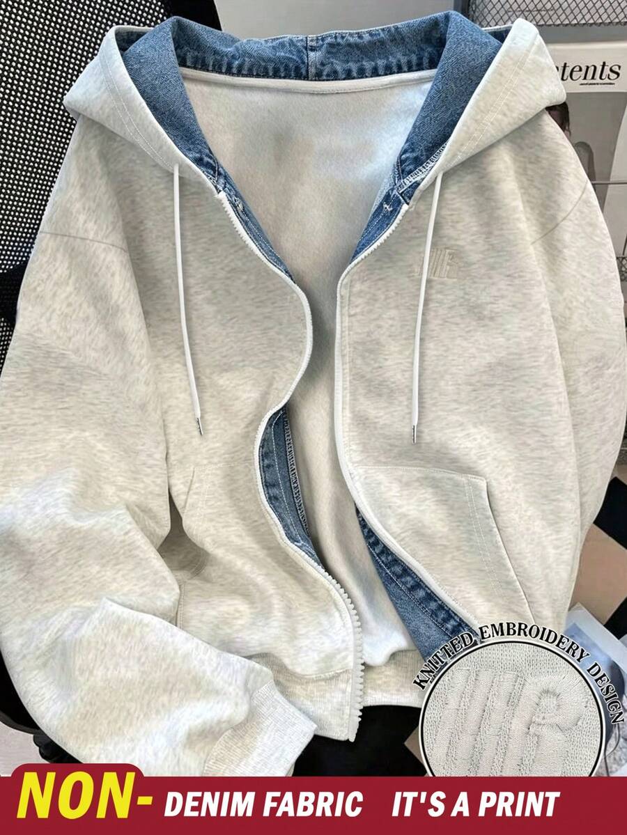 Resyla Sweatshirt Wanita Lengan Panjang dengan Resleting Depan dan Tali Serut, Model Kasual Dua Lapisan dengan Tudung. - MultiWarna - View 1