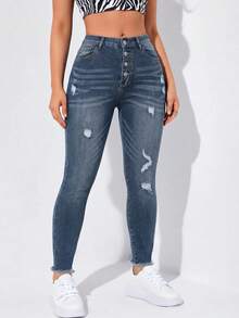 SHEIN EZwear Plus Size Women's Casual Formal Versatile Daily Wear Jeans With Pocket, Button And Distressed Design Back-To-School Navy Blue Summer - Blue - View 4