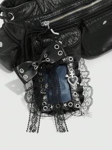 ROMWE Goth 1款獨特哥德風黑色鉚釘氣體眼翅膀蝴蝶結骷髏蝙蝠愛心十字架玫瑰卡套DIY鑰匙圈包包吊飾節日禮物 - 黑色-40 - 查看 11