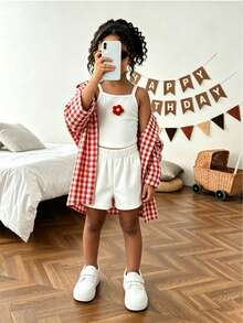 Young Girl Plaid Long Sleeve Single-Breasted Shirt, 3D Floral Decor Camisole And Shorts Casual Set - Red - View 3