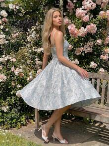 SHEIN Vintage 3D Floral Embossed Print Sleeveless A-Line Dress, Women's Holiday Dress, Women's Vacation Dress, Women's Party Dress, Elegant Vintage Women's Dress. Luxury Banquet Party Tea Dress, French Backless Hollow Elegant Princess Dress, Sexy Elegant Summer Women's Dress, Birthday Mid-Length Wedding Guest Dress, Mid-Length Elegant Bridal Dress, - Blue - View 6