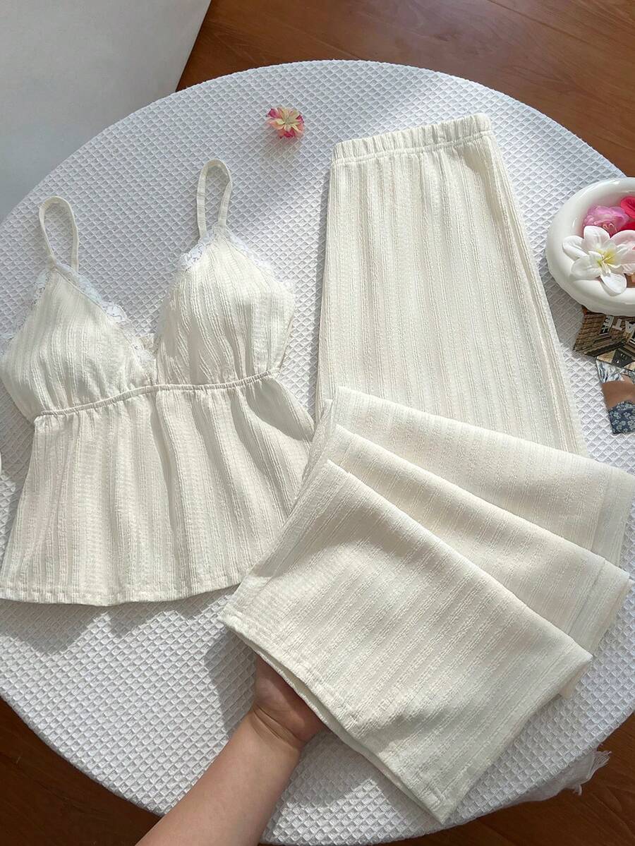 SHEIN Unity Conjunto de pantalones anchos versátiles para vacaciones y uso diario con tela texturizada, patchwork y ribete de encaje estilo Y2K - Albaricoque - Ver 1