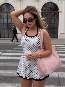 Dewbera Dewbera Gaun Olahraga 2-in-1 Wanita Ukuran Plus Motif Polkadot Leher Halter dengan Celana Pendek - MultiWarna - View 5