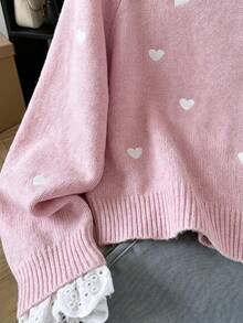 SHEIN 少女休閒蕾絲飾領愛心圖案秋冬毛衣 - 粉色 - 查看 7