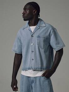 Musero Cropped Boxy Denim Shirt Patch Pocket Revere Shirt Style Spring Summer Essentials - Blue - View 2