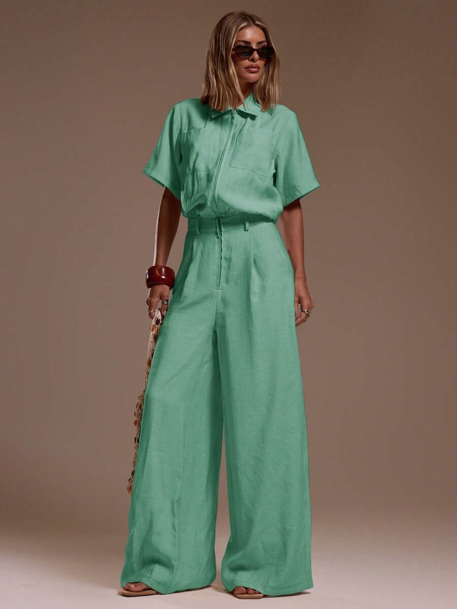 MUSERA 亞麻拉鍊寬鬆連身褲 夏季 Ibiza 風格 度假海灘優雅款 - 水鴨藍 - 查看 1