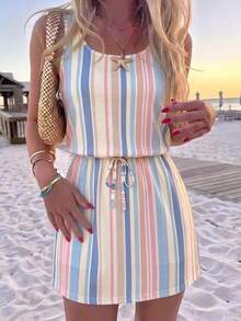 SHEIN LUNE Women's Casual Printed Short Dress Suitable For Spring And Summer Vacation Pink And White Striped - Multicolor - View 1