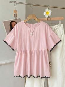 SHEIN EZwear Pink Checkered Linen Woven Women's Shirt With Shell Embroidery Pattern Suitable For Summer Vacation Cute Casual - Baby Pink - View 3