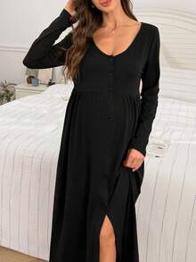 Moonlight&Mama Solid Color V-Neck Casual Button-Front Long Sleeve Maternity Loungewear Dress - Black - View 3