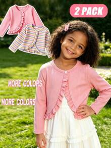 SHEIN Elladie kids 2件組幼女設計荷葉邊開襟短夾克，針織羅紋布料，粉色純色 + 彩色條紋圓領長袖短夾克，柔軟舒適，適合幼女，可愛甜美風格，完美適用於日常穿著、上學、外出、度假、派對、節日、春秋季節 - 彩色 - 查看 3
