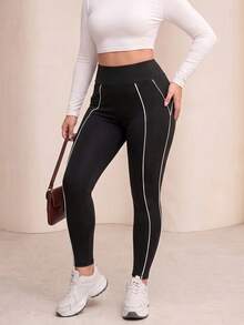 Lacomfia Spring/Summer Elegant Casual Plus Size Women's High Waist Leggings - Black and White - View 5