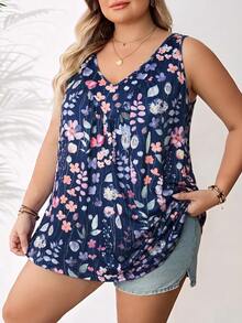 SHEIN CURVE+ Women's Plus Size Navy Blue V-Neck Loose Tank Top Vacation Summer Boho - Navy Blue - View 3
