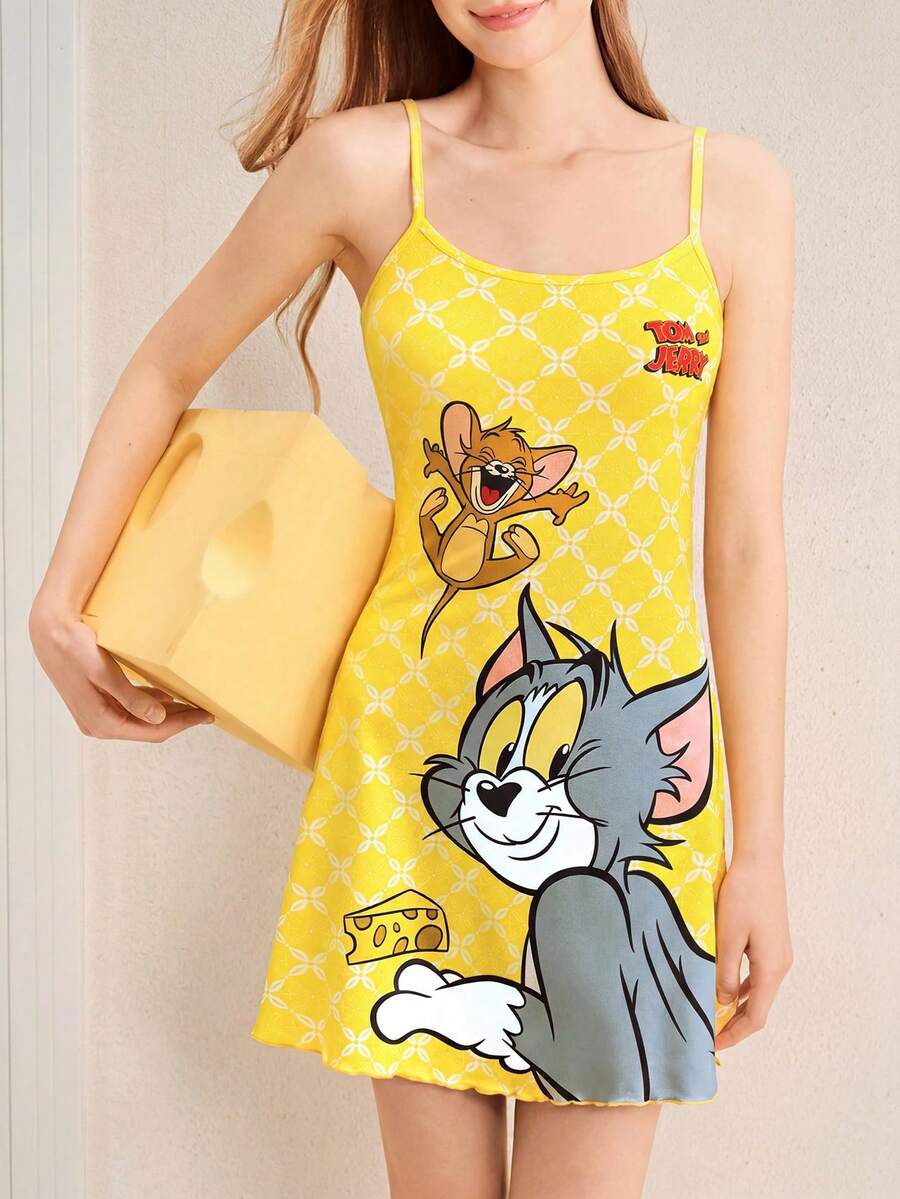 TOM & JERRY X SHEIN 女式卡通图案夏季吊带连衣裙 - 黃色 - 查看 1