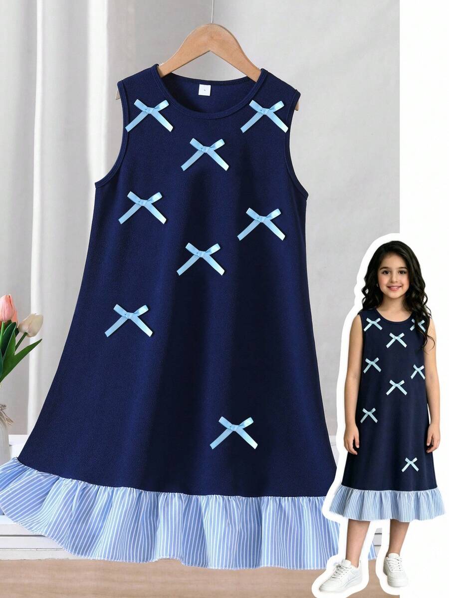 SHEIN 少女春夏季度假北歐休閒居家日常通勤圓領無袖荷葉邊娃娃洋裝條紋梭織亞麻連身裙