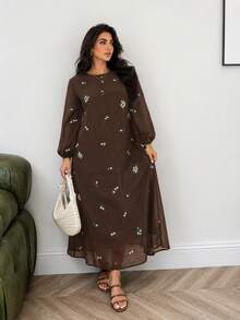 Solavon Plus Size Floral Embroidery Long Dress - Coffee Brown - View 2